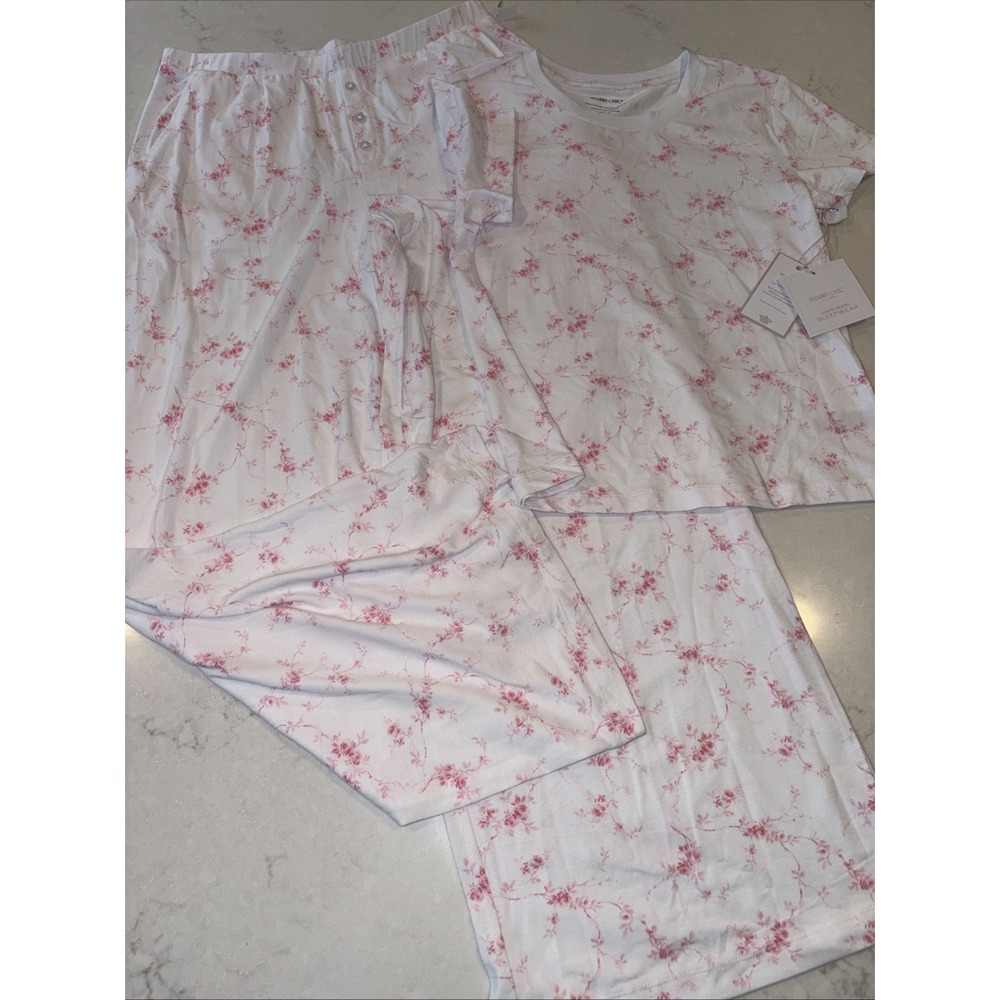 Womens S SHABBY CHIC Pink Cotton Modal Pajama Short Sleeve Pant Set Cottagecore